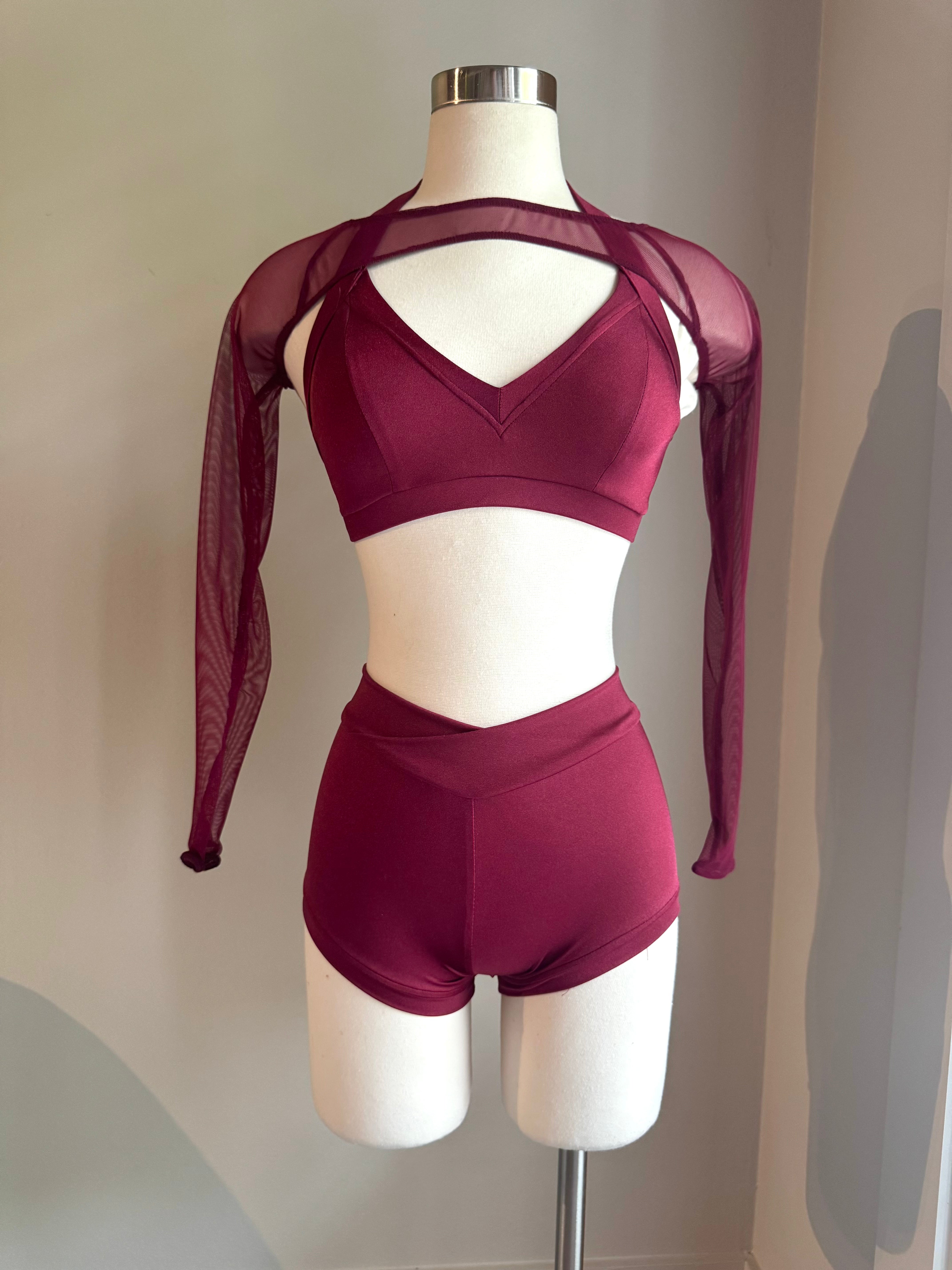 Burgundy Mesh Back Sweetheart Top, V Short & Bolero - Small