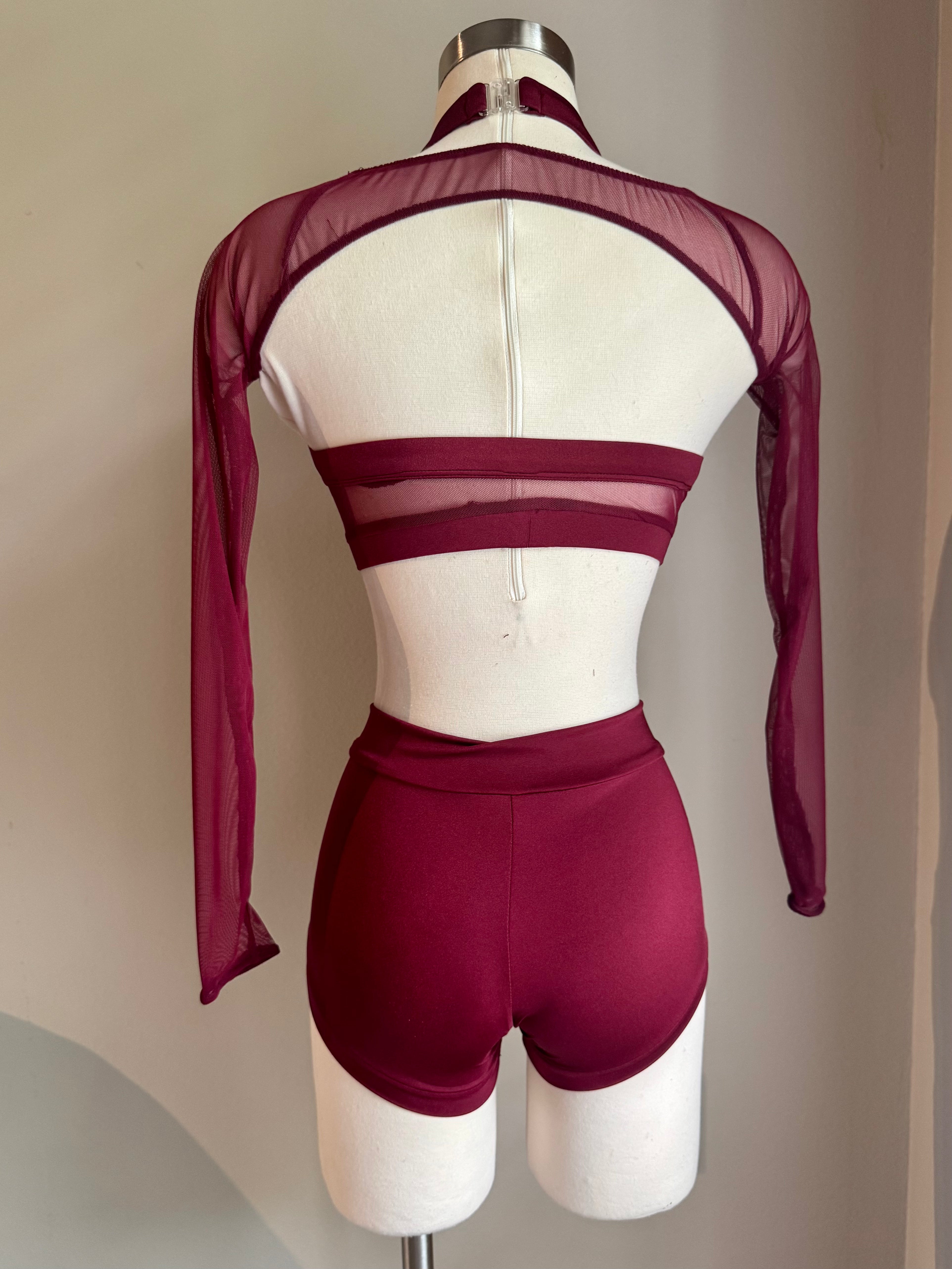 Burgundy Mesh Back Sweetheart Top, V Short & Bolero - Small