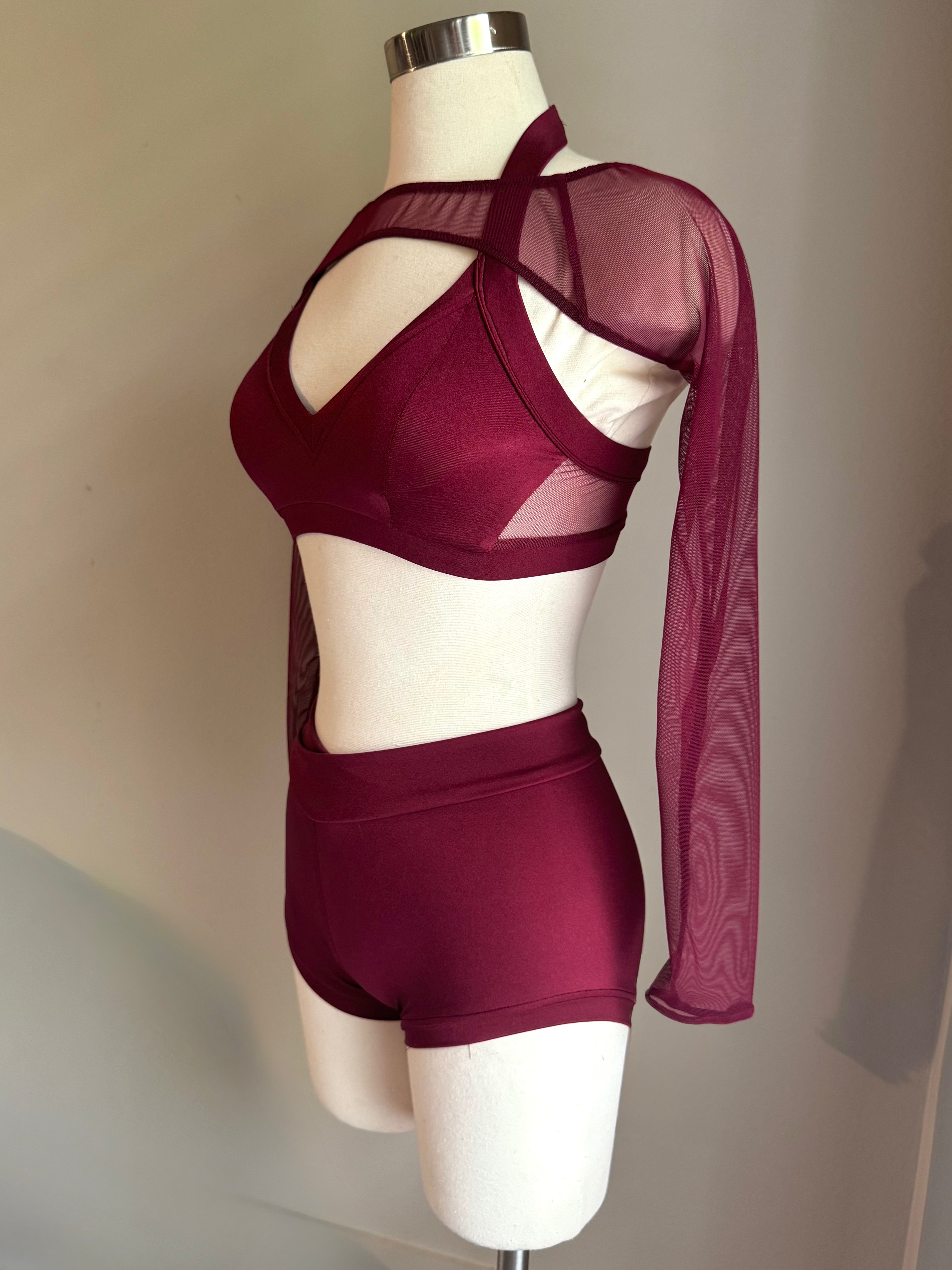 Burgundy Mesh Back Sweetheart Top, V Short & Bolero - Small